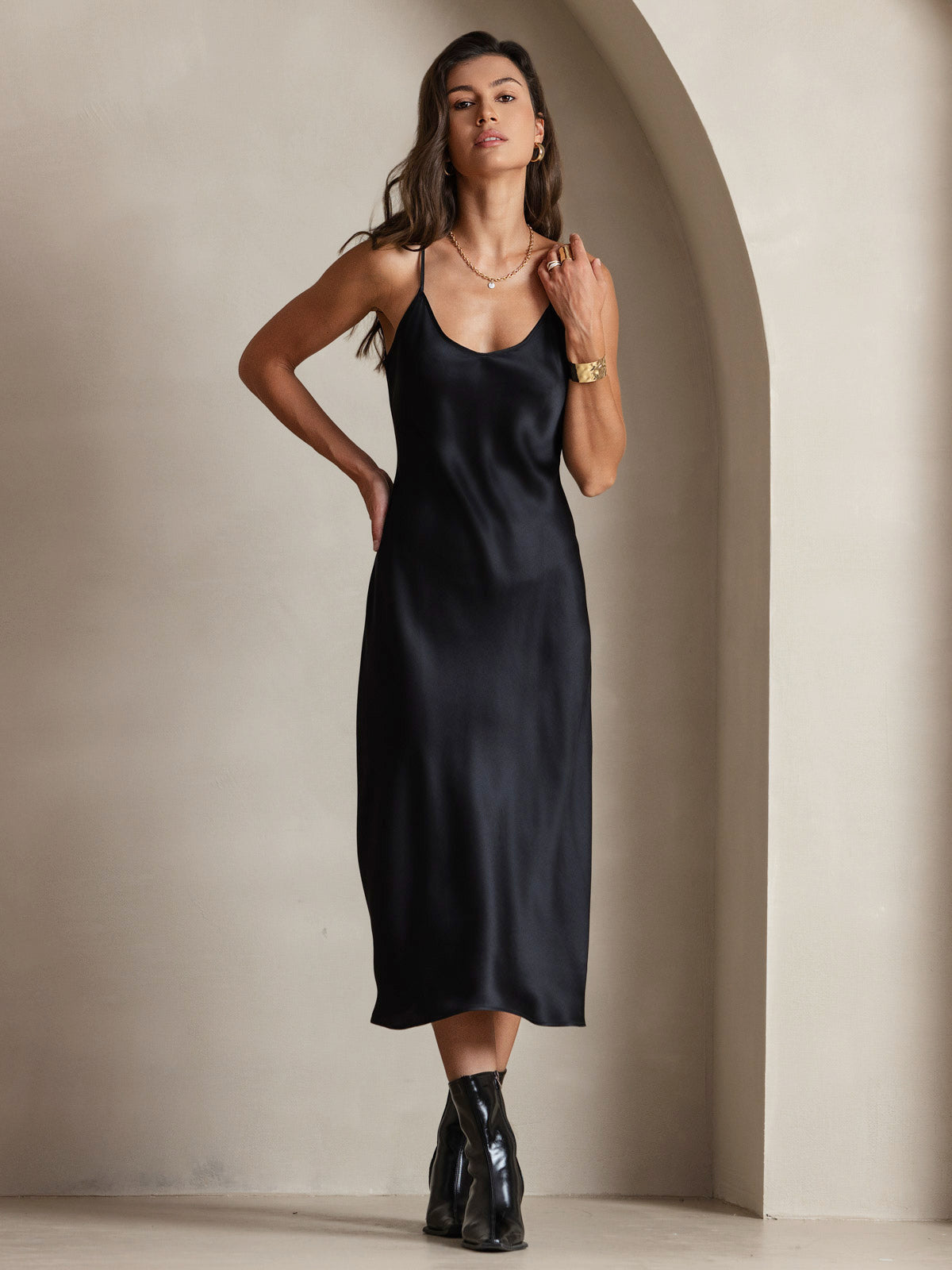 [Zwart] SilkSilky-NL Ronde Hals Jurk 004
