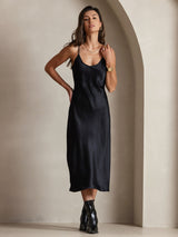 [Zwart] SilkSilky-NL Spaghetti Strap V Neck Jurk 004