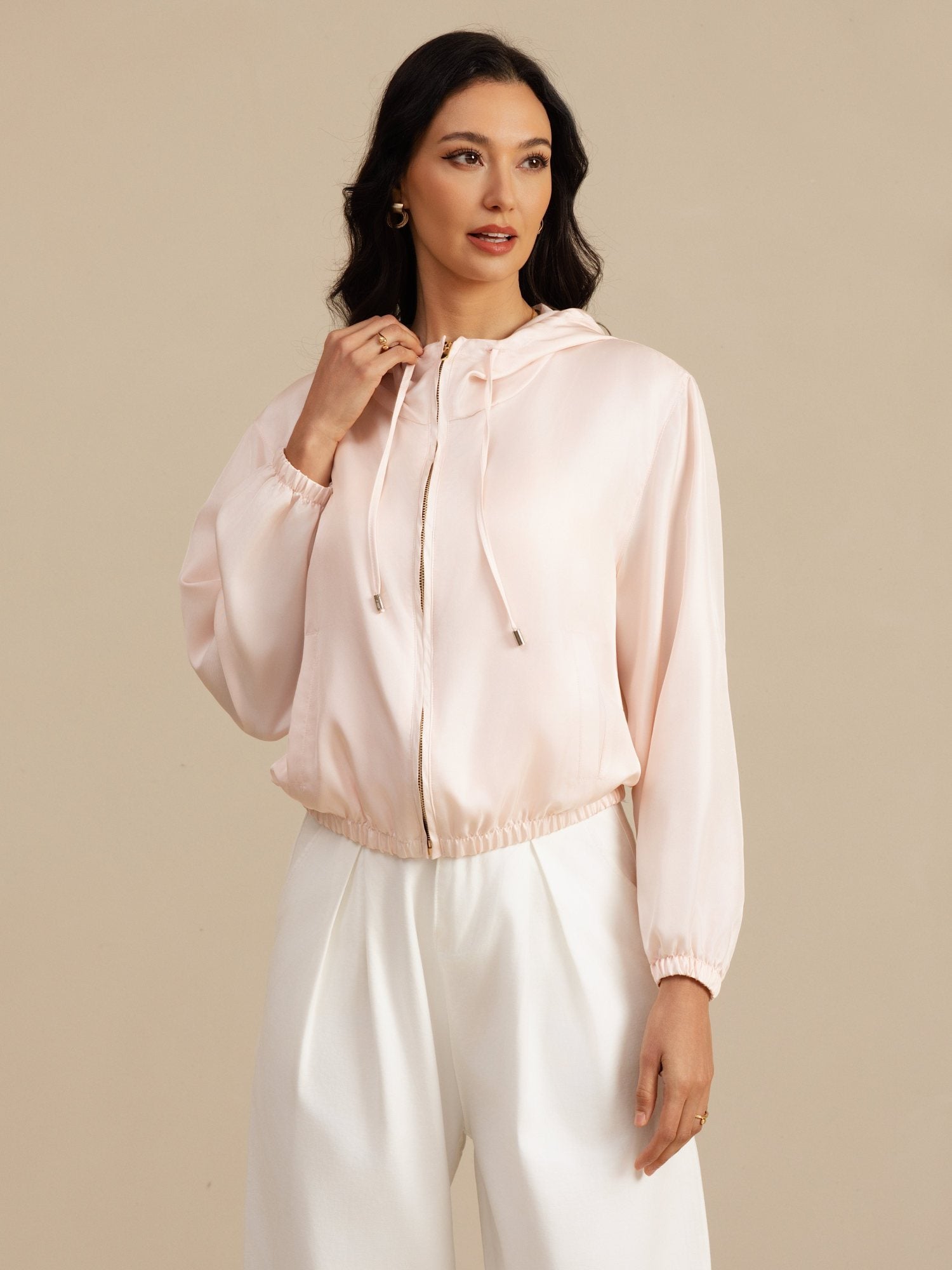 [Roze] SilkSilky-NL 18Momme Lange Mouw Staande Kraag Dames Bovenkleding 004