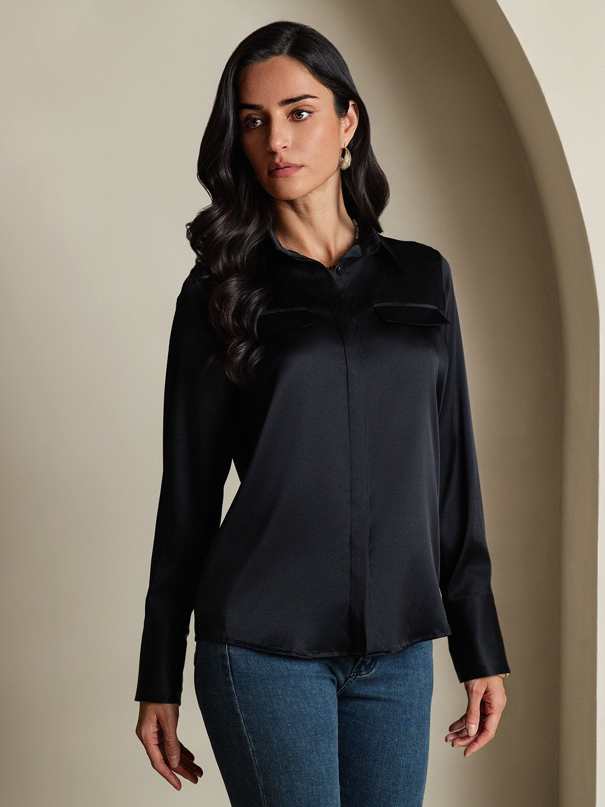 SilkSilky-NL 19Momme Zijde Lange Mouw Kraag Dames Blouse Zwart 006