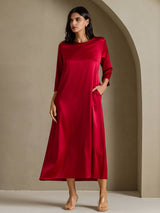 [Wijn] SilkSilky-NL 3/4 Sleeve Round Neck Jurk 001