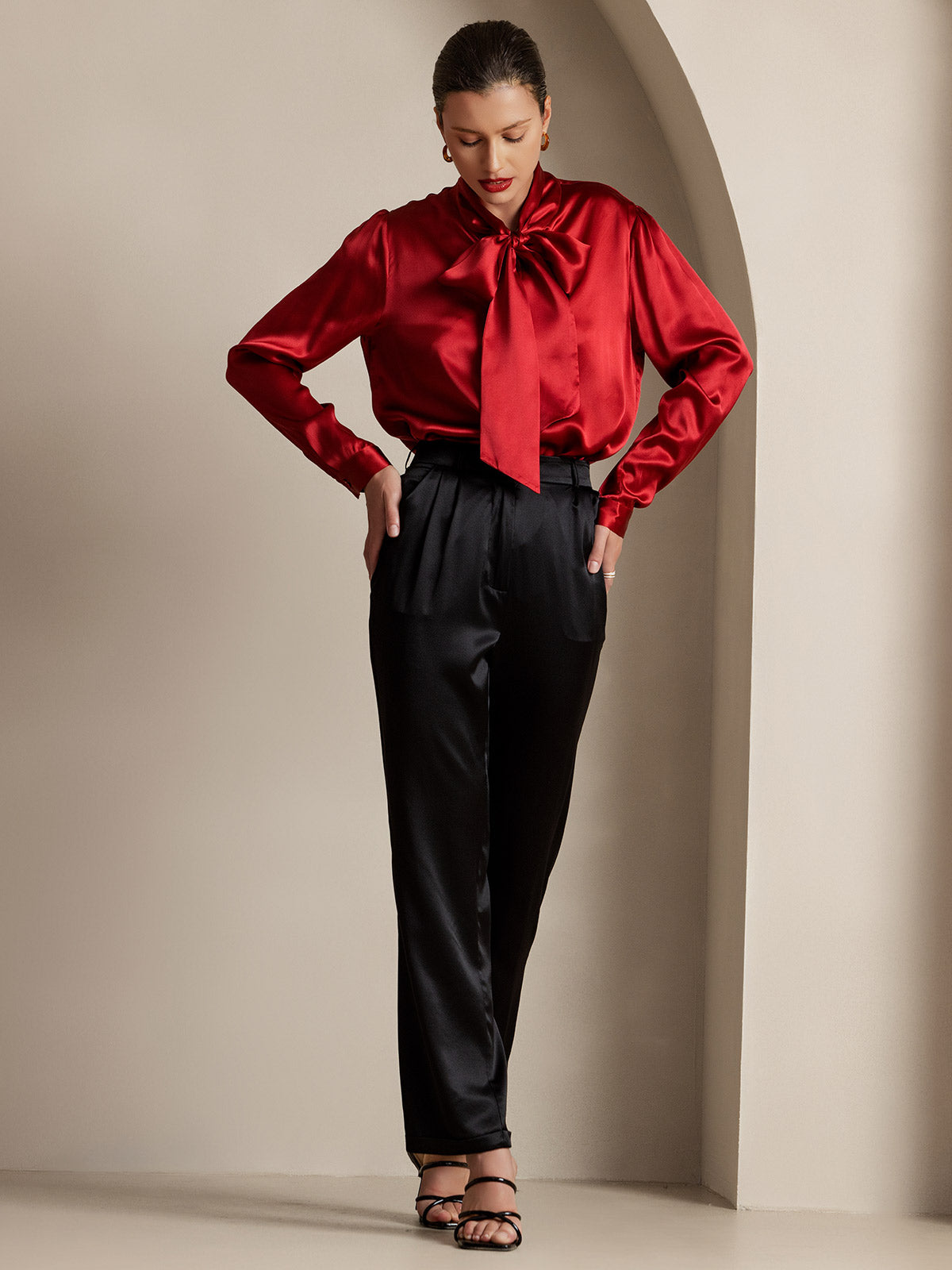 [Wijn] SilkSilky-NL 19Momme Zijde Lange Mouw Binda Hals Dames Blouse 007