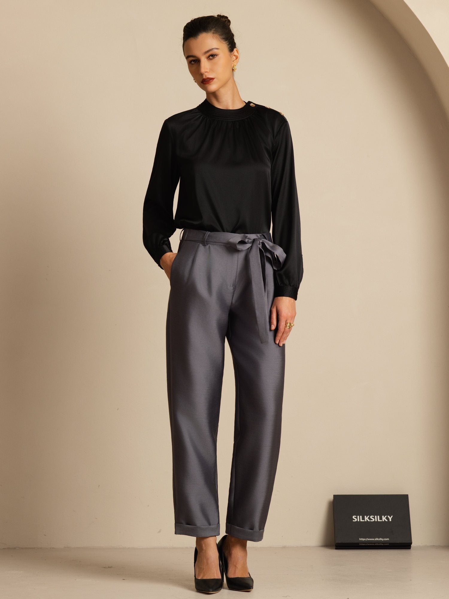 [Zwart] SilkSilky-NL 19Momme Lange Mouw Ronde Hals Blouse 006