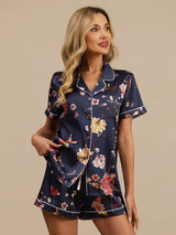 [Marine Bloemen] SilkSilky-NL Korte Mouw Notchkraag Dames Pyjama Set 006