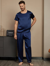 [Donkerblauw] SilkSilky-NL Pure Silk Korte Mouw Ronde Hals Heren Pyjama Set 001