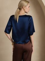 [Donkerblauw] SilkSilky-NL Halve Mouw Diepe Ronde Hals Dames T-Shirt 002