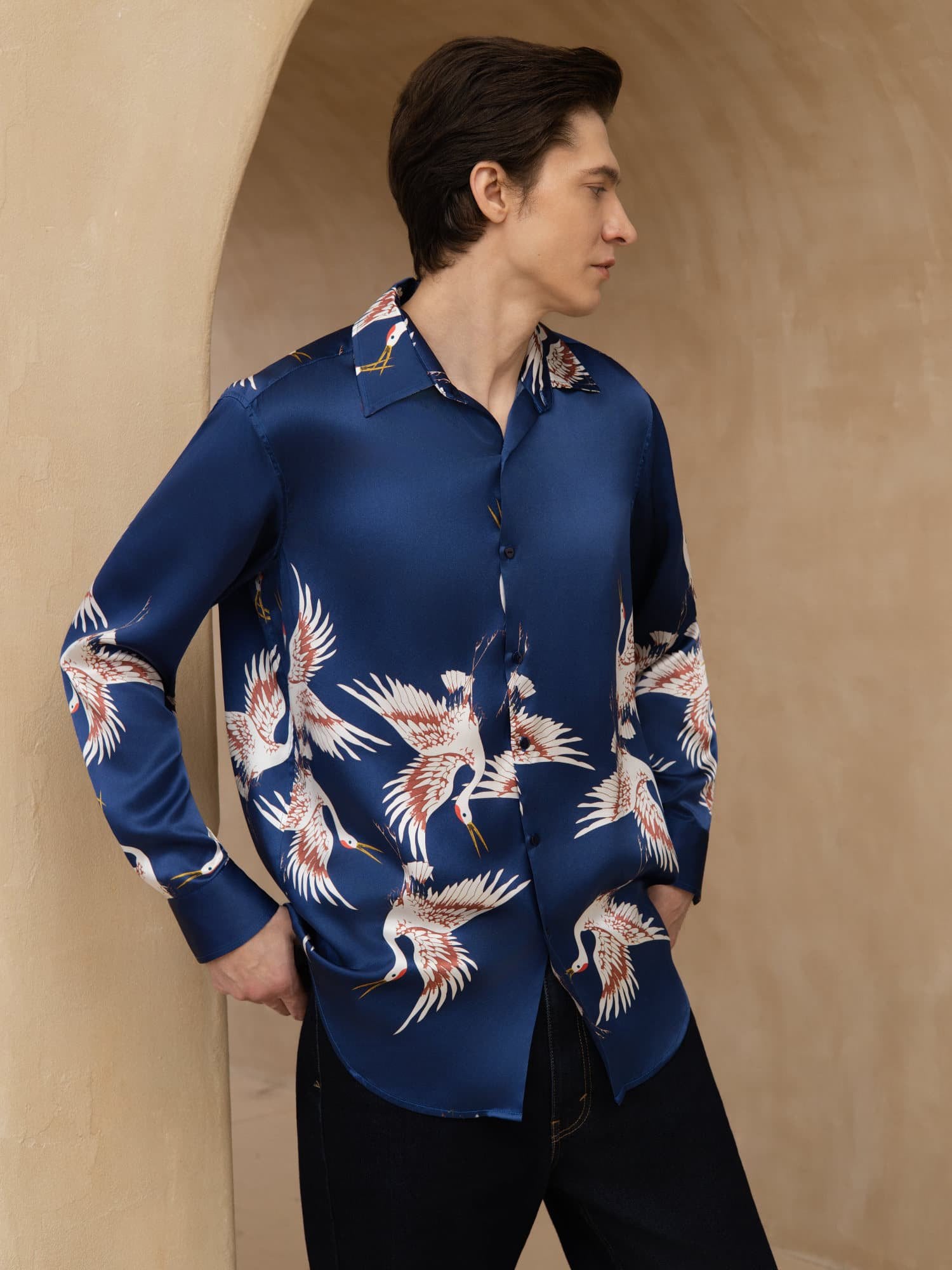 [Donkerblauw] SilkSilky-NL 19Momme Lange Mouw Reverskraag Heren Shirt 001