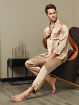 [Champagne] SilkSilky-NL Pure Silk Lange Mouw Revers Heren Pyjama Set 007