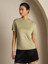 [Gedroogd Kruiden] SilkSilky-NL 100% Silk Jersey Short Sleeve Mock Neck Dames T-Shirt 001