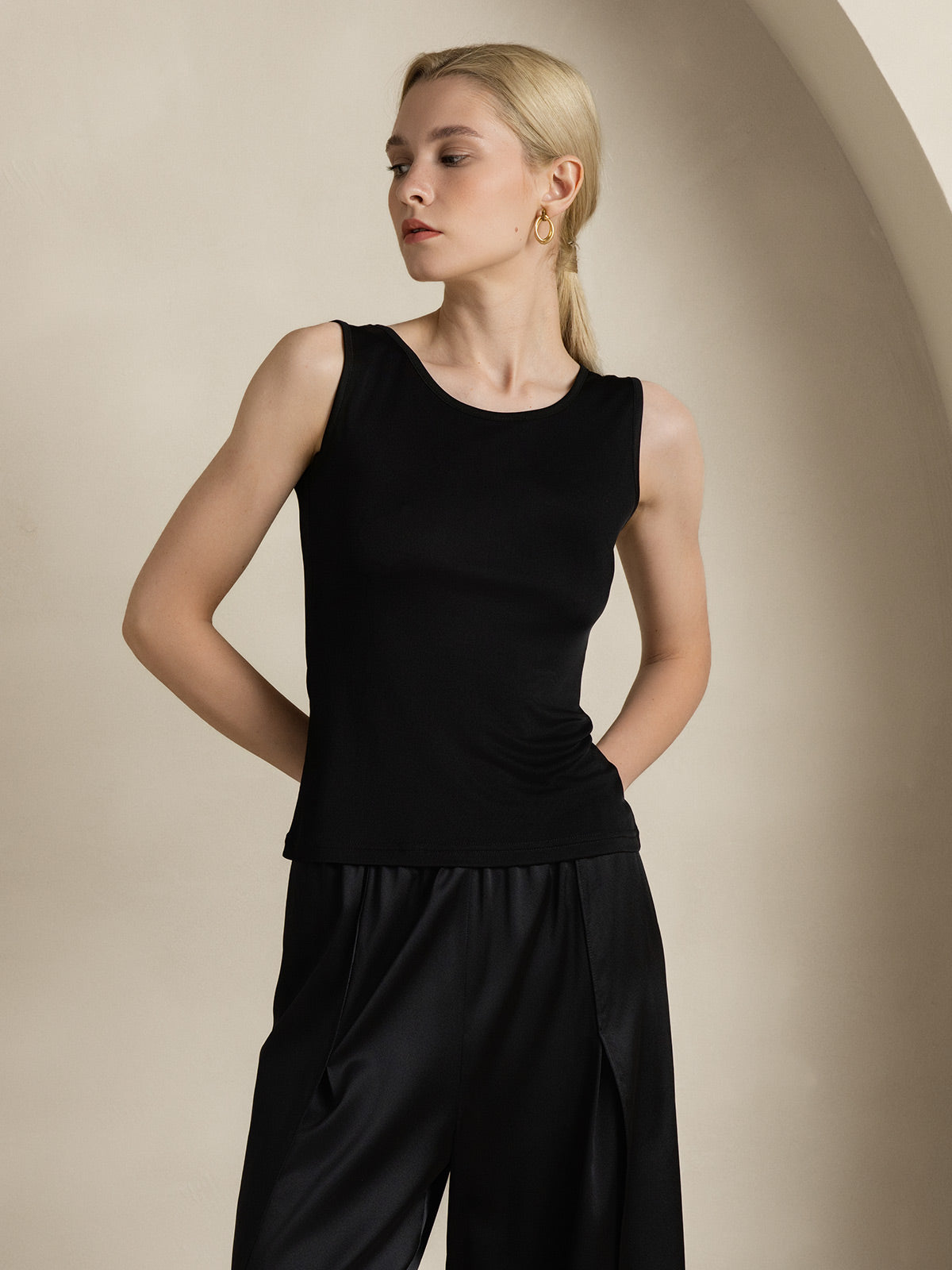 [Zwart] SilkSilky-NL Zijde Gebreid Ronde Hals Dames T-Shirt 006