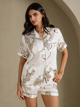 [Witte Jachtluipaard] SilkSilky-NL Short Sleeve Notch Collar Dames Pyjama Set 001