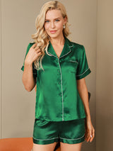 [Groen] SilkSilky-NL Korte Mouw Notchkraag Dames Pyjama Set 003
