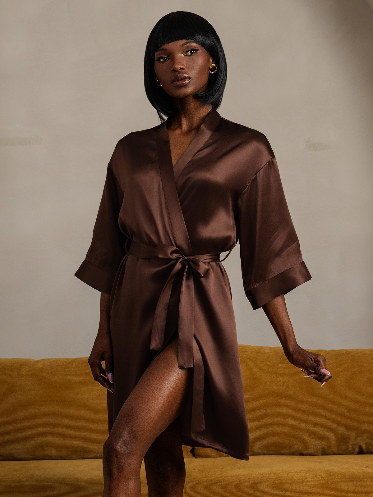 [Koffie] SilkSilky-NL Pure Silk Halve Mouw Womens Robe 006