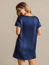 [Donkerblauw] SilkSilky-NL 19Momme Korte Mouw Ronde Hals Nachthemd 002