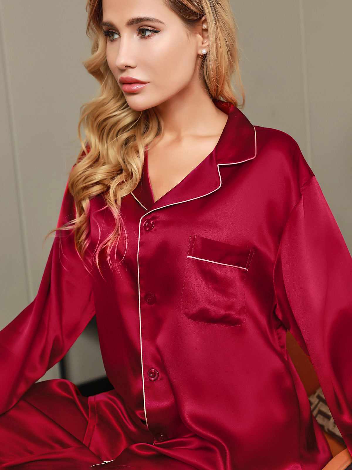 SilkSilky-NL Lange Mouw Revers Dames Pyjama Set Wijn 009