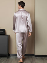 [Bleek Mauve] SilkSilky-NL Lange Mouw Notchkraag Heren Pyjama Set 002