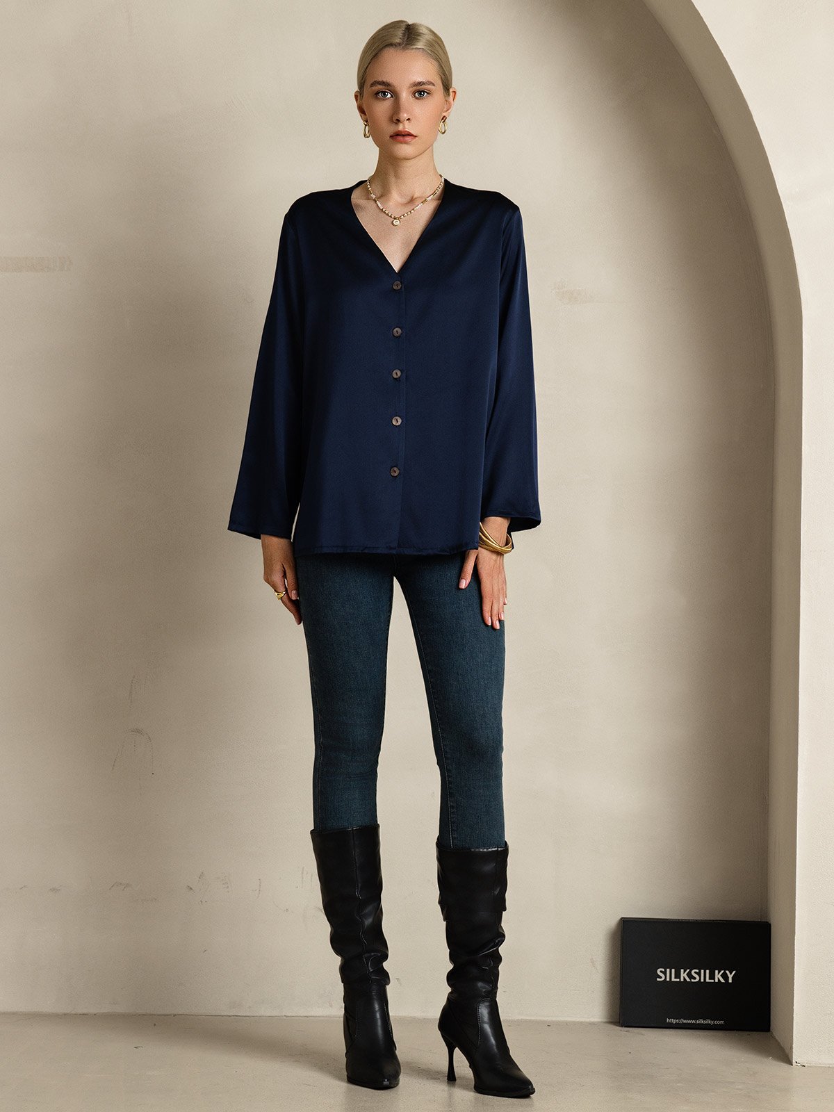 [Donkerblauw] SilkSilky-NL 19Momme Zijde V-Hals Dames Blouse 006