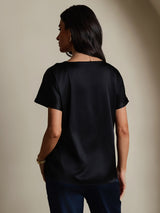 [Zwart] SilkSilky-NL 19Momme Korte Mouw Boat Hals Dames T-Shirt 002