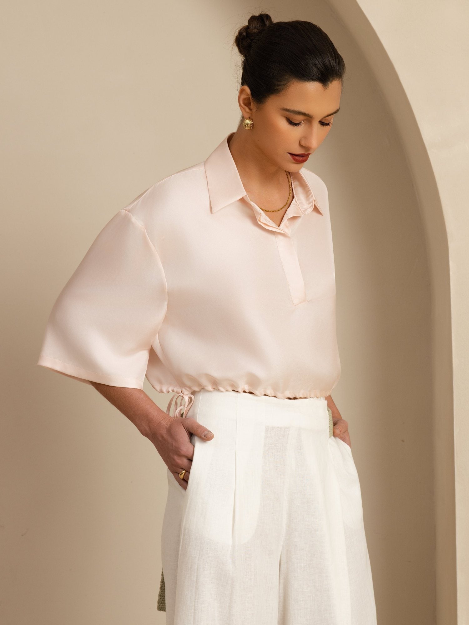 [Roze] SilkSilky-NL 18Momme Halve Mouw Reverskraag Blouse 005