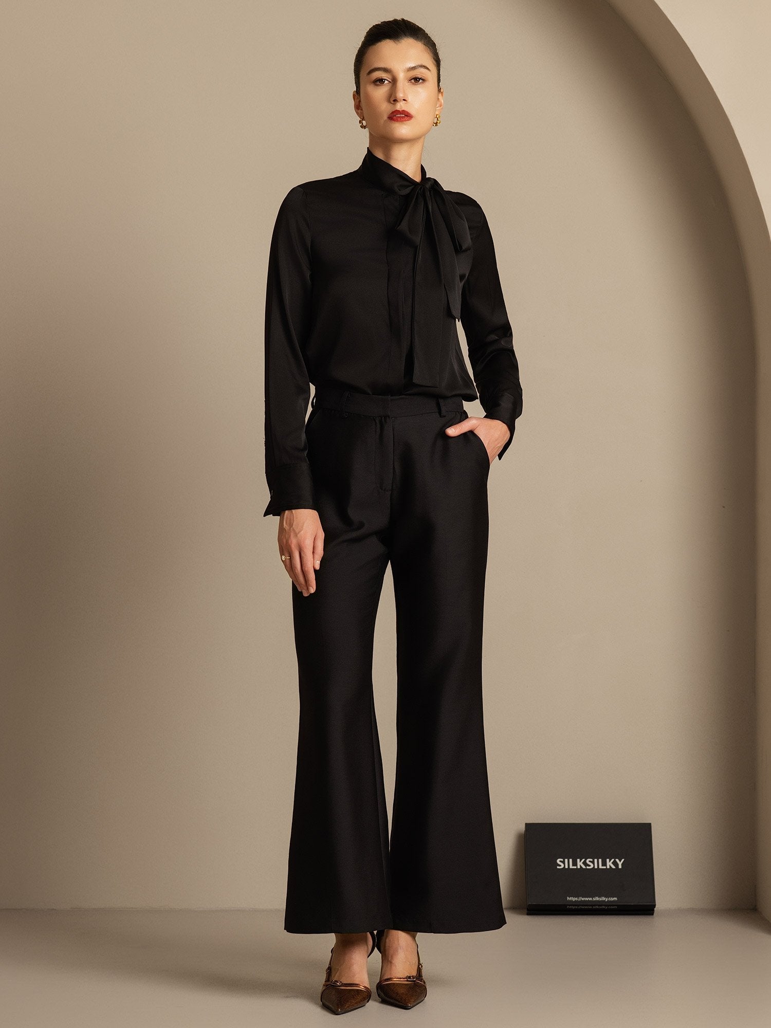 [Zwart] SilkSilky-NL 32Momme Silk-Wool Blend Womens Pants 007,