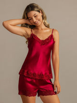[Wijn] SilkSilky-NL Spaghetti Strap V Neck Cami-Set 001