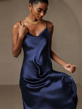 [Donkerblauw] SilkSilky-NL Spaghetti Bandjes Waterval Hals Jurk 006