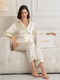 SilkSilky-NL Lange Mouw V-Hals Dames Pyjama Set Beige 006