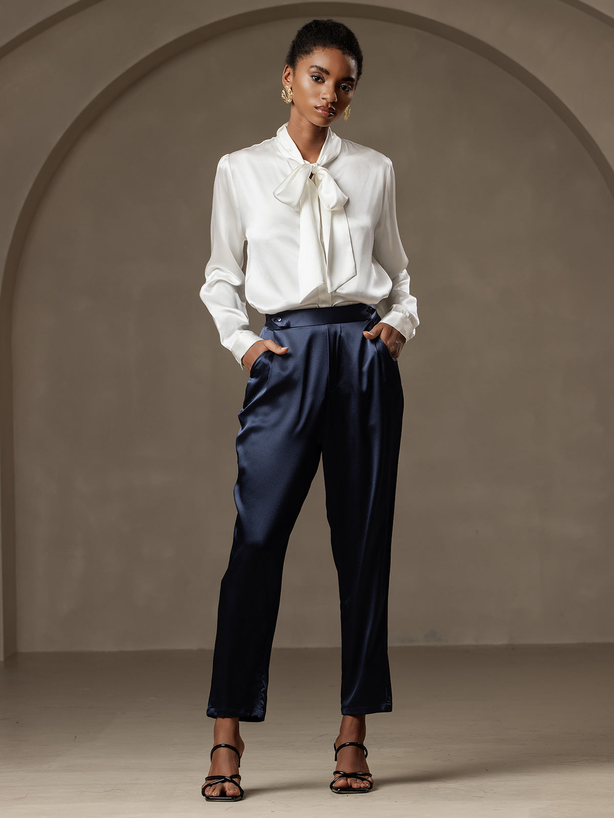 [Wit] SilkSilky-NL 19Momme Zijde Lange Mouw Binda Hals Dames Blouse 007