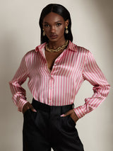 [Roze Streep] SilkSilky-NL Long Sleeve Lapel Collar Dames Blouse 005