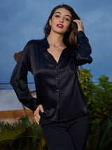 [Zwart] SilkSilky-NL Long Sleeve Lapel Collar Dames Blouse 005