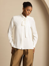 [Wit] SilkSilky-NL 19Momme Lange Mouw Strikhals Blouse 004
