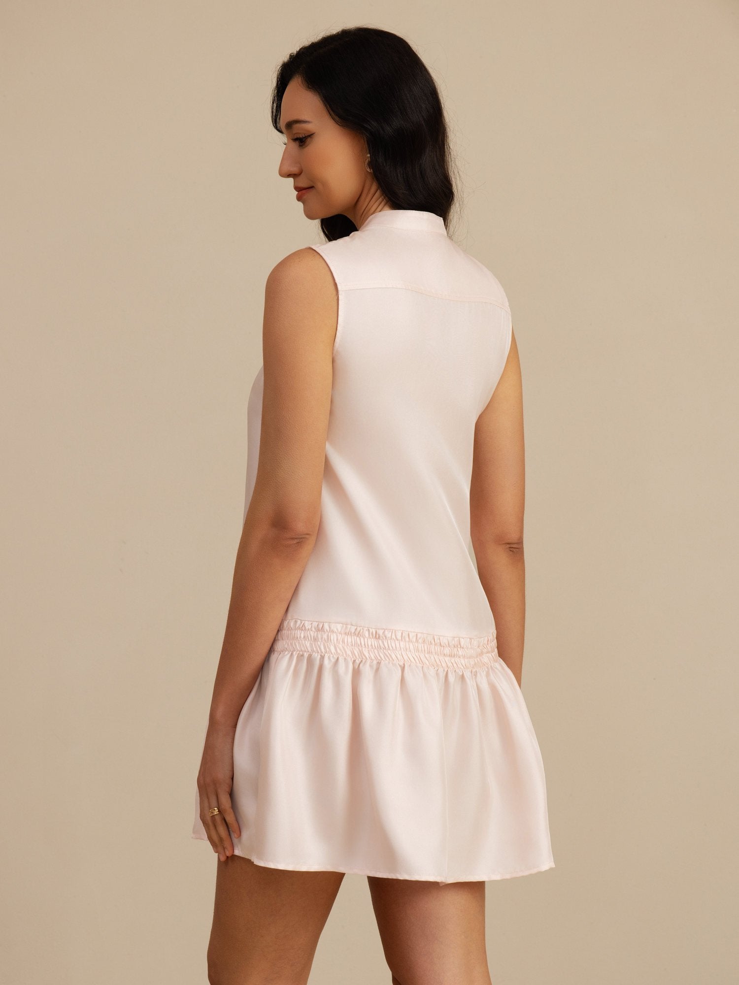[Roze] SilkSilky-NL 18Momme Mouwloos Staande Kraag Jurk 002