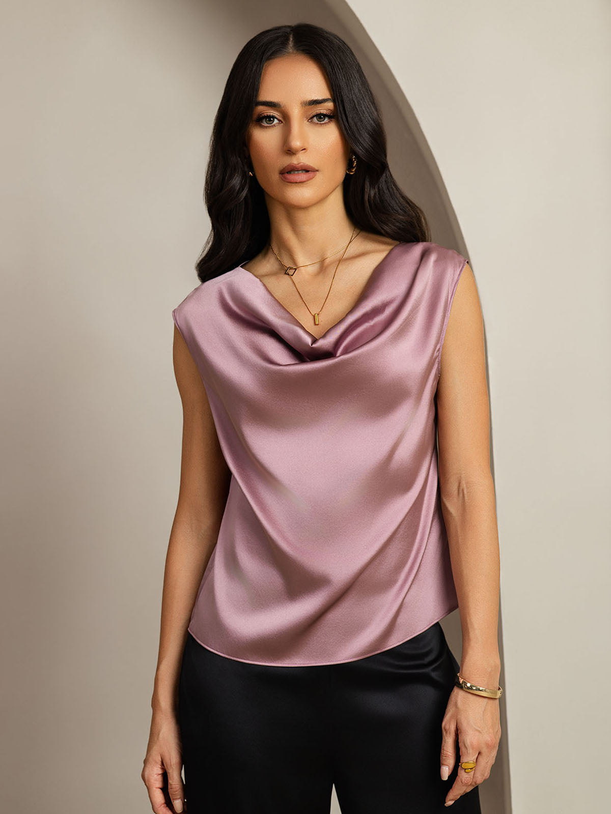 [Bleek Mauve] SilkSilky-NL 19Momme Zijde Mouwloos Womens T-Shirt 001