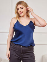 [Donkerblauw] SilkSilky-NL Spaghetti Bandjes V Hals Grote maten Cami-Top 003