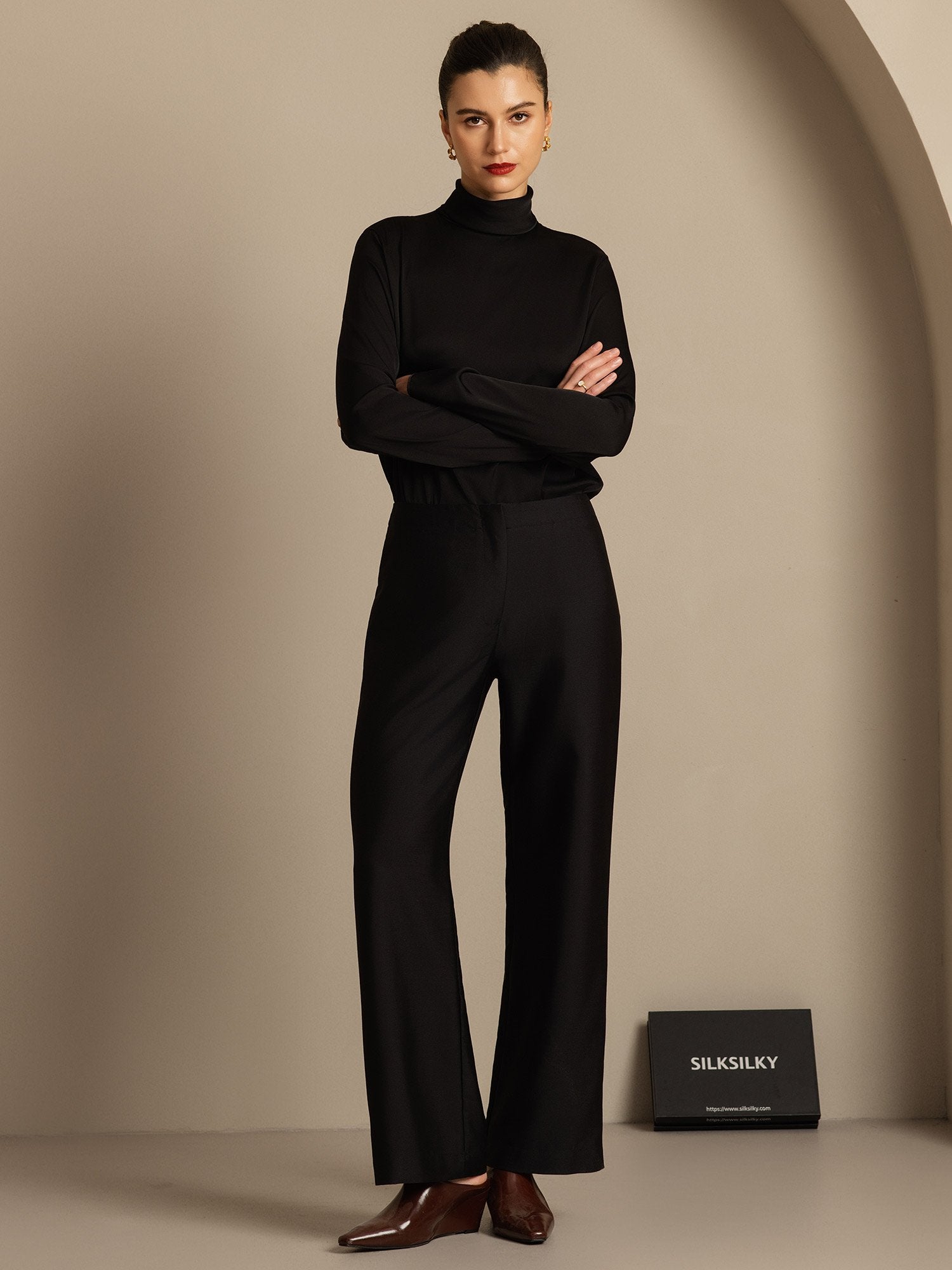 [Zwart] SilkSilky-NL 32Momme Silk-Wool Blend Womens Pants 003,