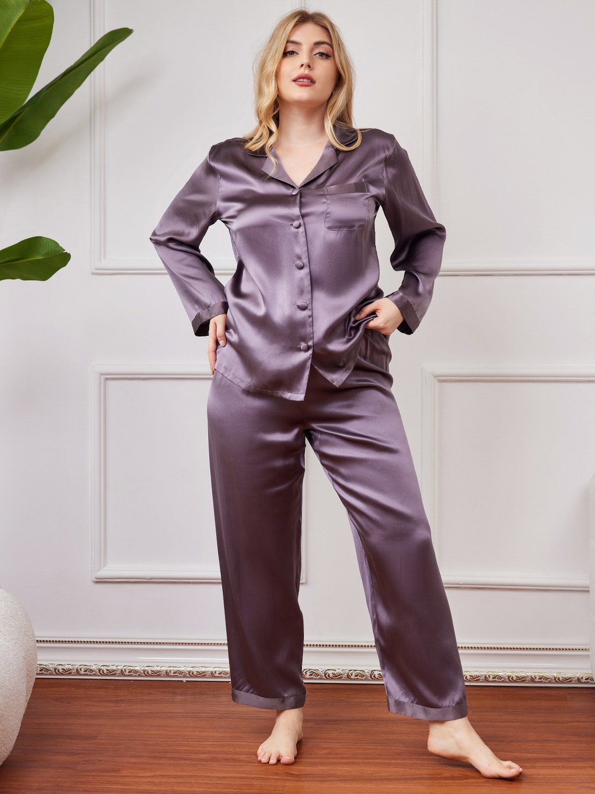 SilkSilky NL Pure Silk Lange Mouw Revers Dames Grote maten Pyjama Set PaarsGrijs 005