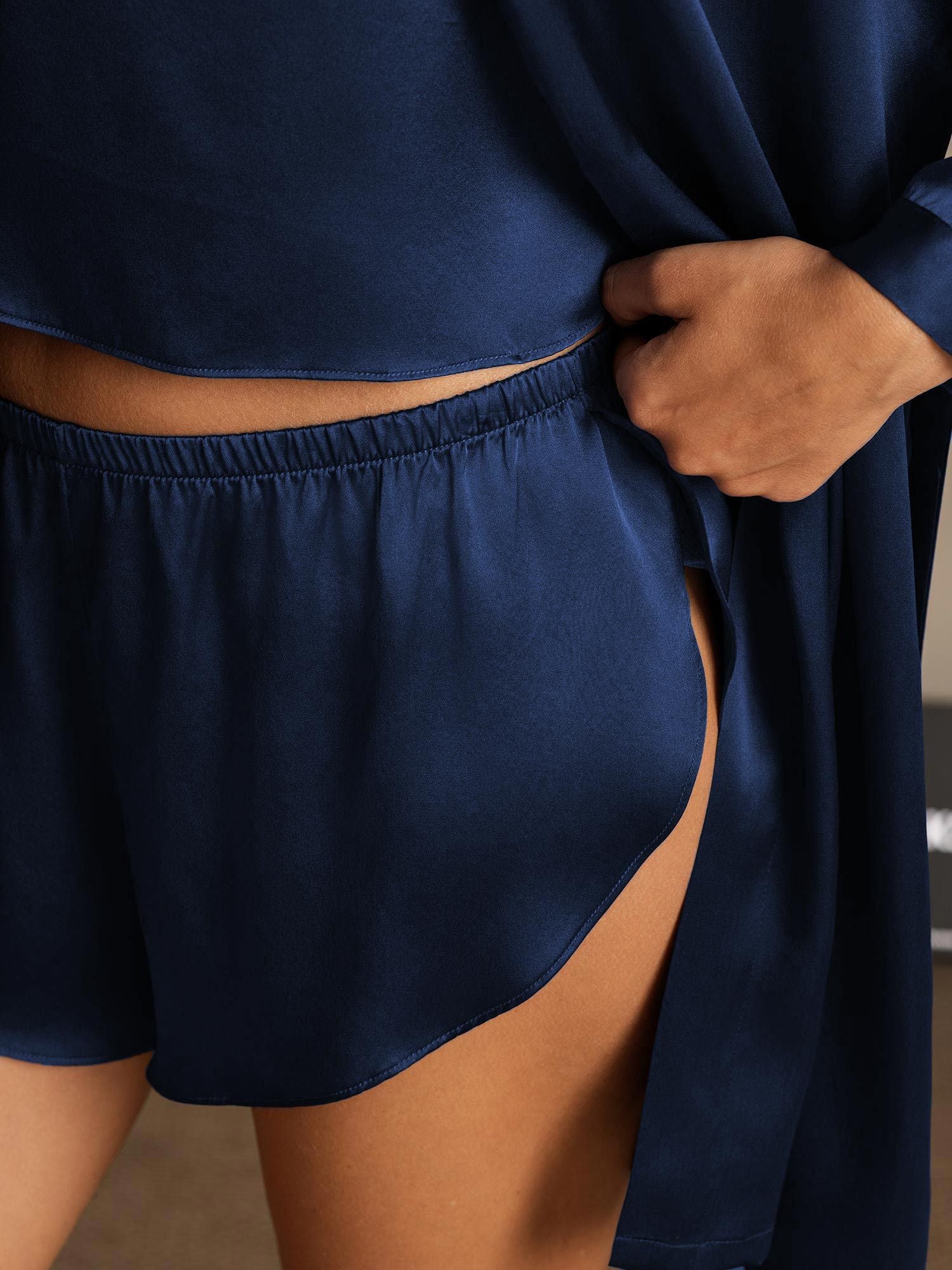 [Donkerblauw] SilkSilky-NL Zijde Nightgown&Robe Set 005,