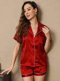 SilkSilky-NL Korte Mouw Revers Dames Pyjama Set Wijn 001