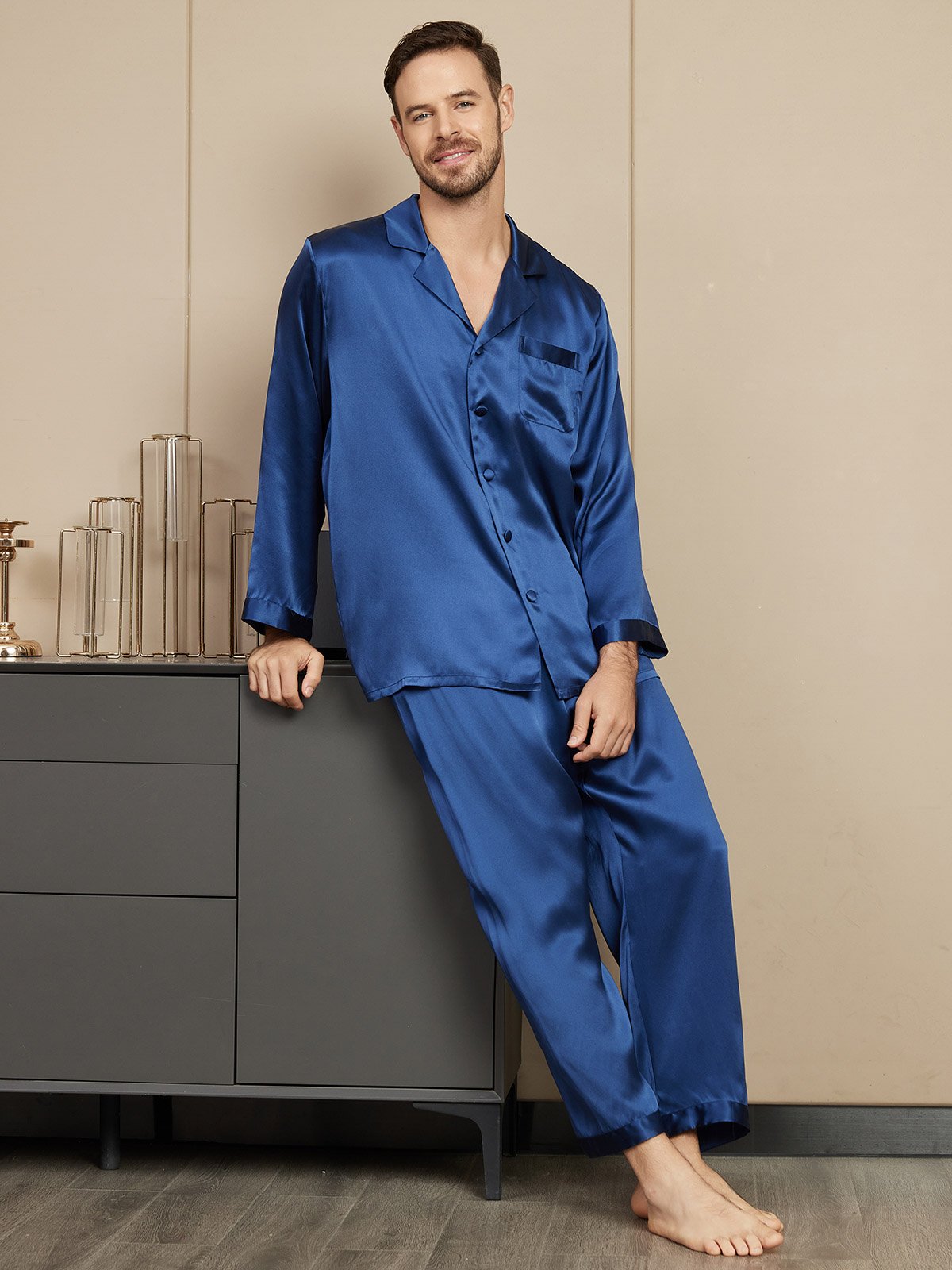 SilkSilky NL Pure Silk Lange Mouw Mens Pajamas Donkerblauw 004