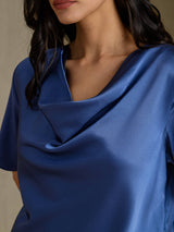 [Echt Petrol] SilkSilky-NL Short Sleeve Cowl Neck Blouse 004