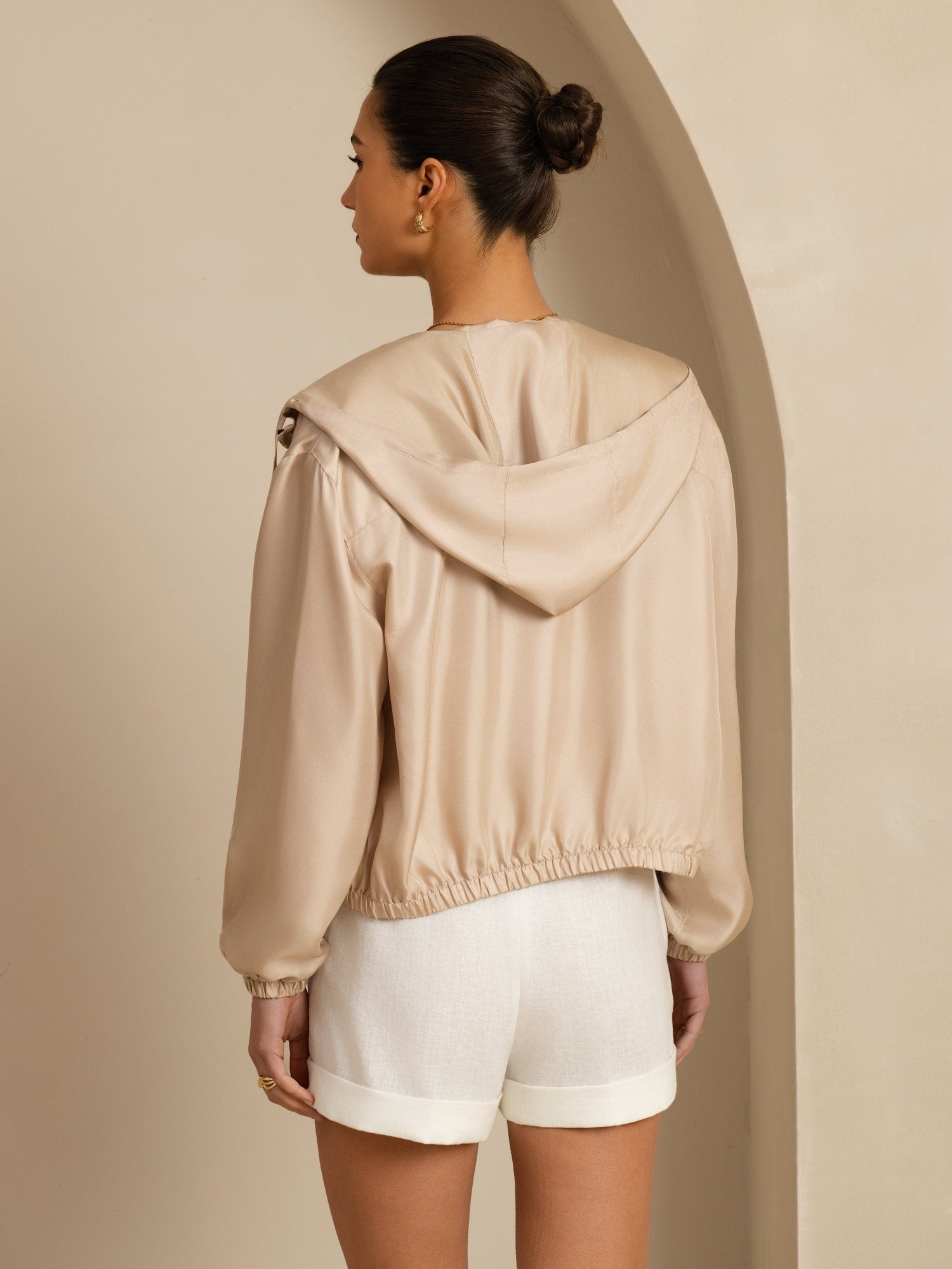 [Tan] SilkSilky-NL 18Momme Lange Mouw Staande Kraag Dames Bovenkleding 002
