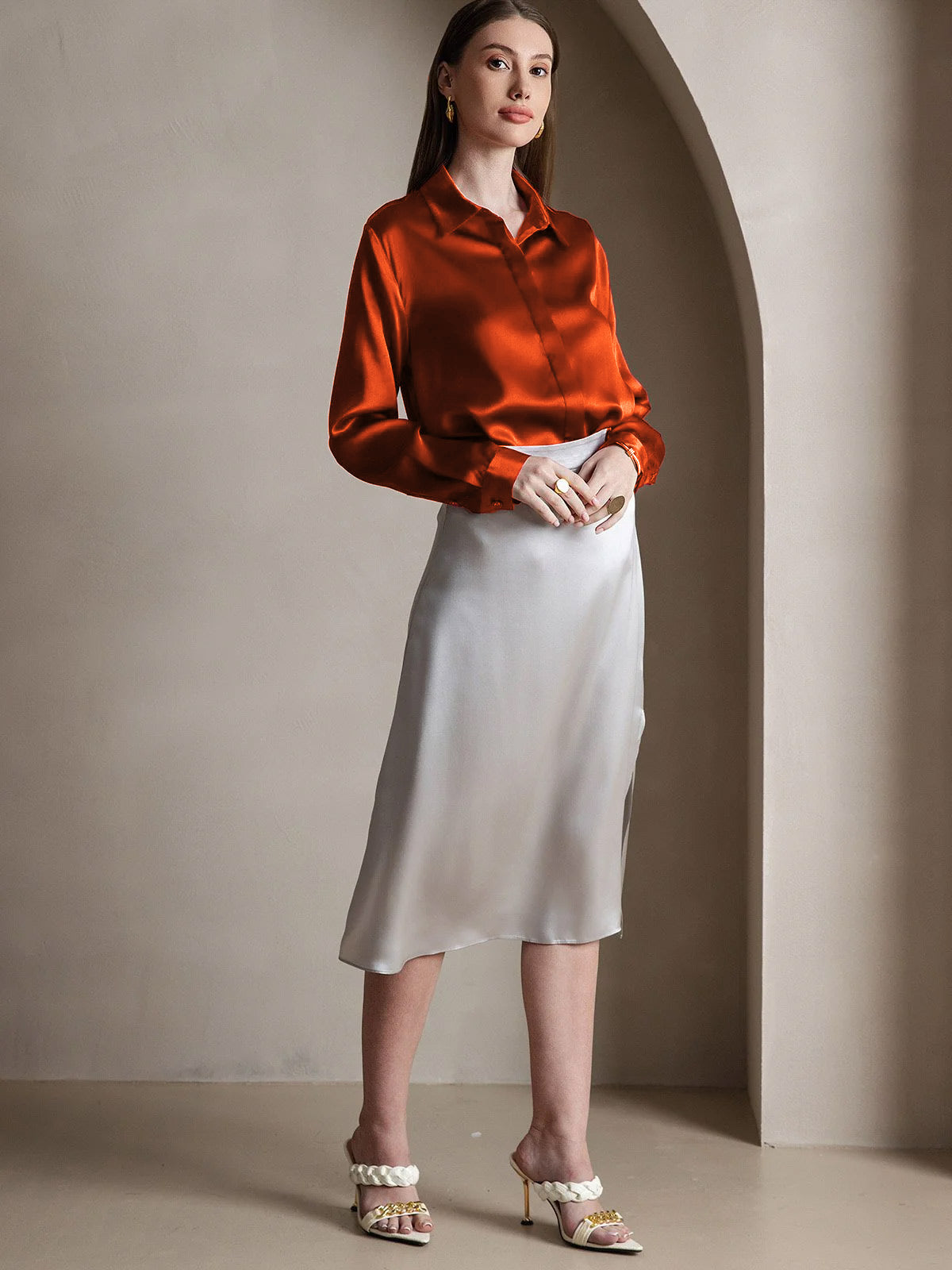 [Karamel] SilkSilky-NL 19Momme Zijde Lapel Collar Dames Blouse 002