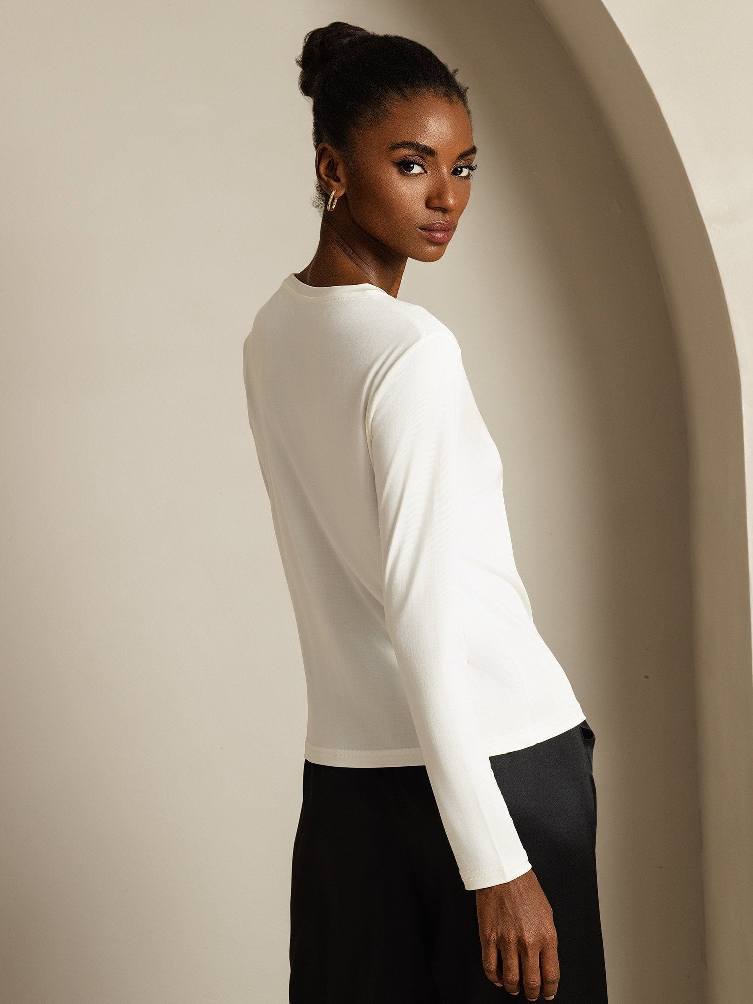 [Wit] SilkSilky-NL Lange Mouw Crew Hals Dames T-Shirt 002