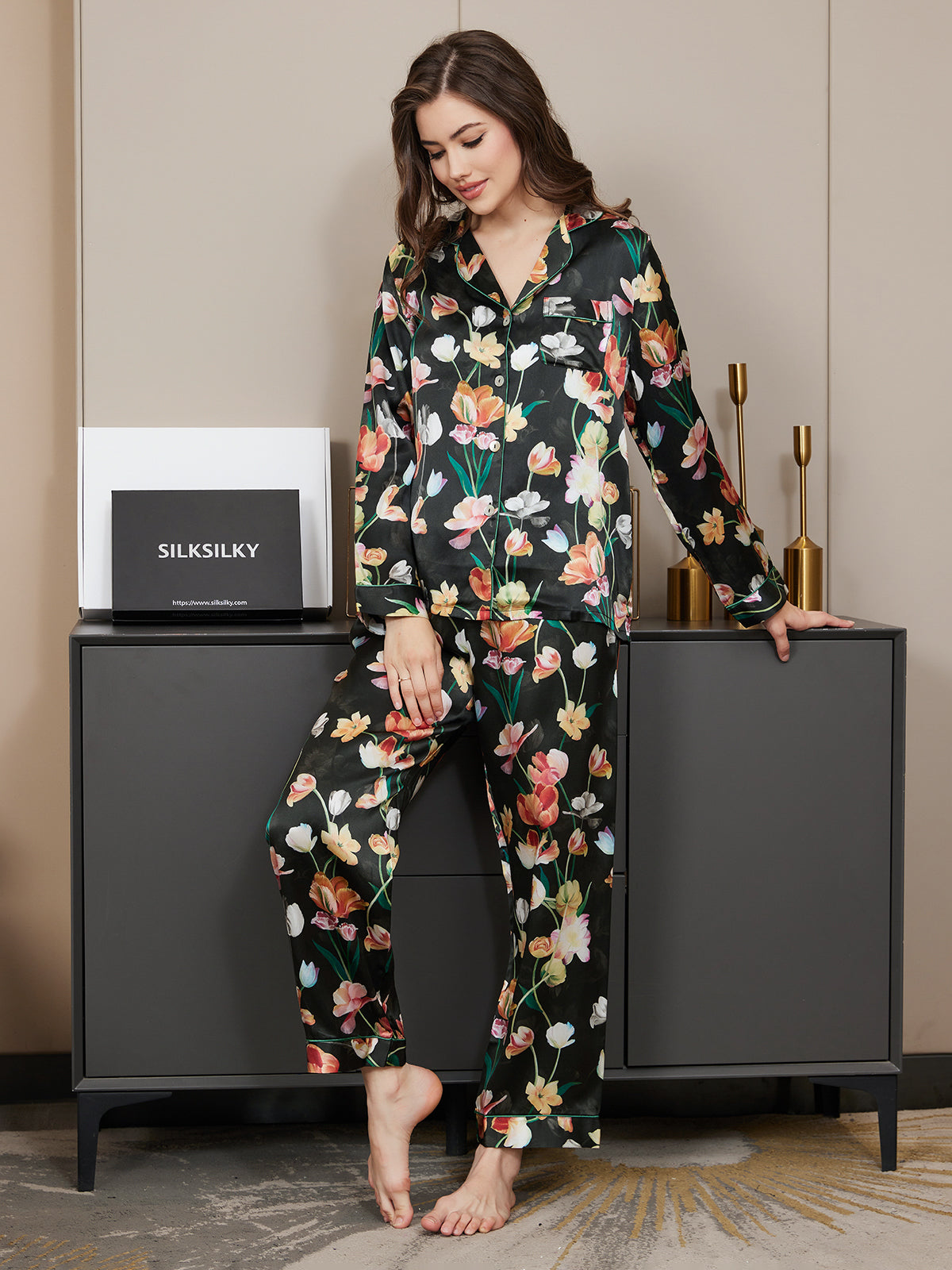 [Zwart] SilkSilky-NL Pure Silk Lange Mouw Revers Dames Pyjama Set 003