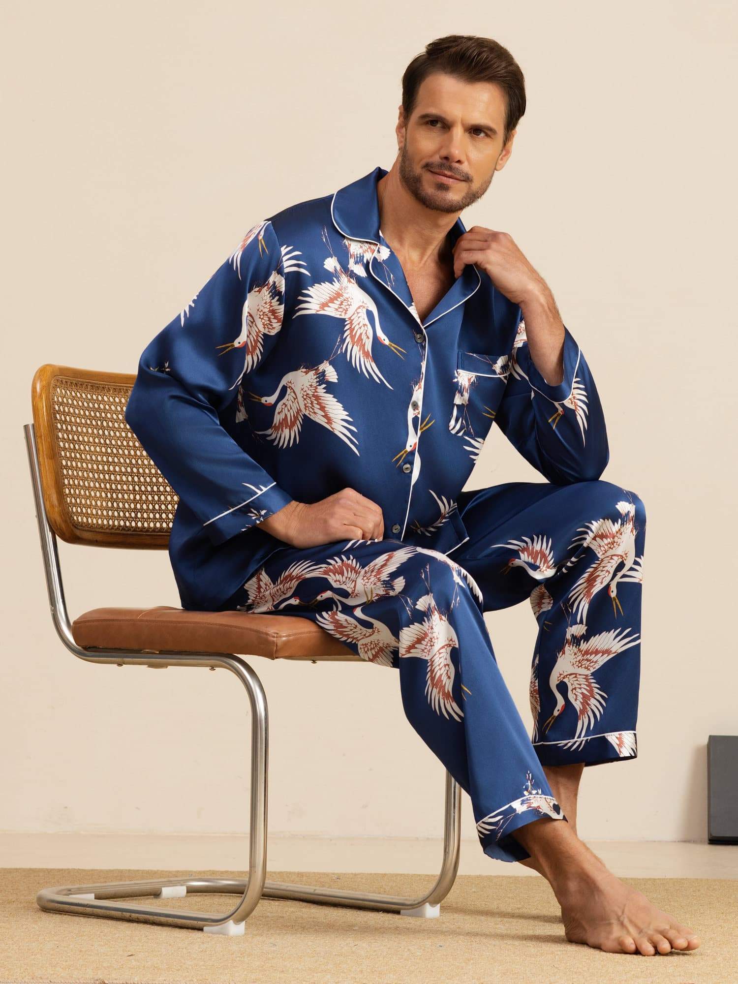 [Donkerblauw] SilkSilky-NL 19Momme Lange Mouw Notchkraag Heren Pyjama Set 001