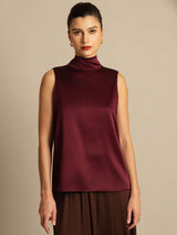 [Donkerrood] SilkSilky-NL 19Momme Mouwloos Strikhals Blouse 006