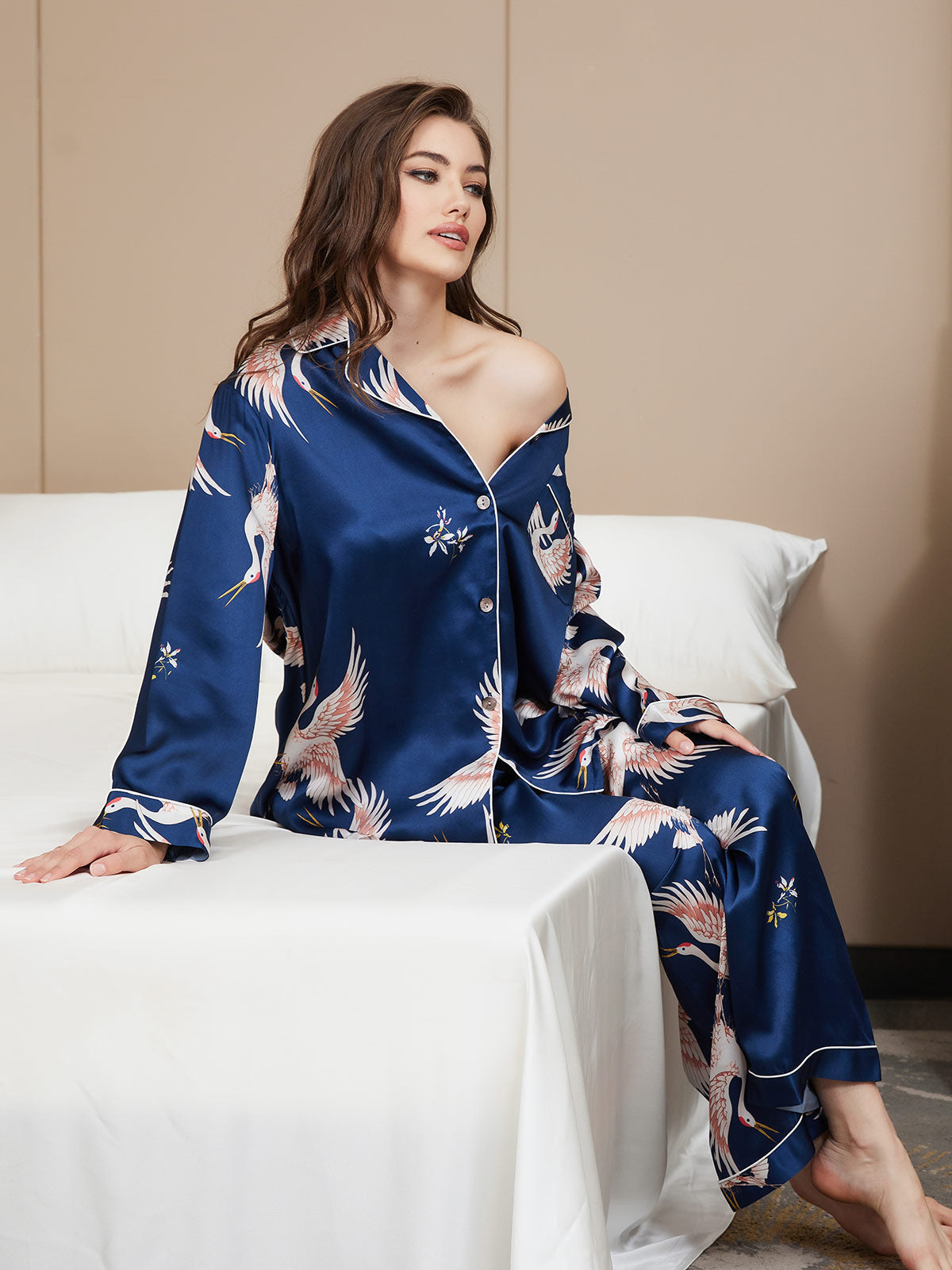 [Donkerblauw] SilkSilky-NL Long Sleeve Lapel Collar Dames Pyjama Set 002
