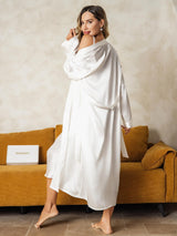 [Wit] SilkSilky-NL Long Sleeve V Neck Nachthemd&Kamerjas Set 004