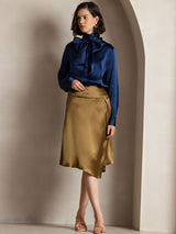 [Donkerblauw] SilkSilky-NL Long Sleeve Tie Neck Blouse 005