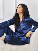 [Donkerblauw] SilkSilky-NL Long Sleeve Lapel Collar Dames Pyjama Set 001
